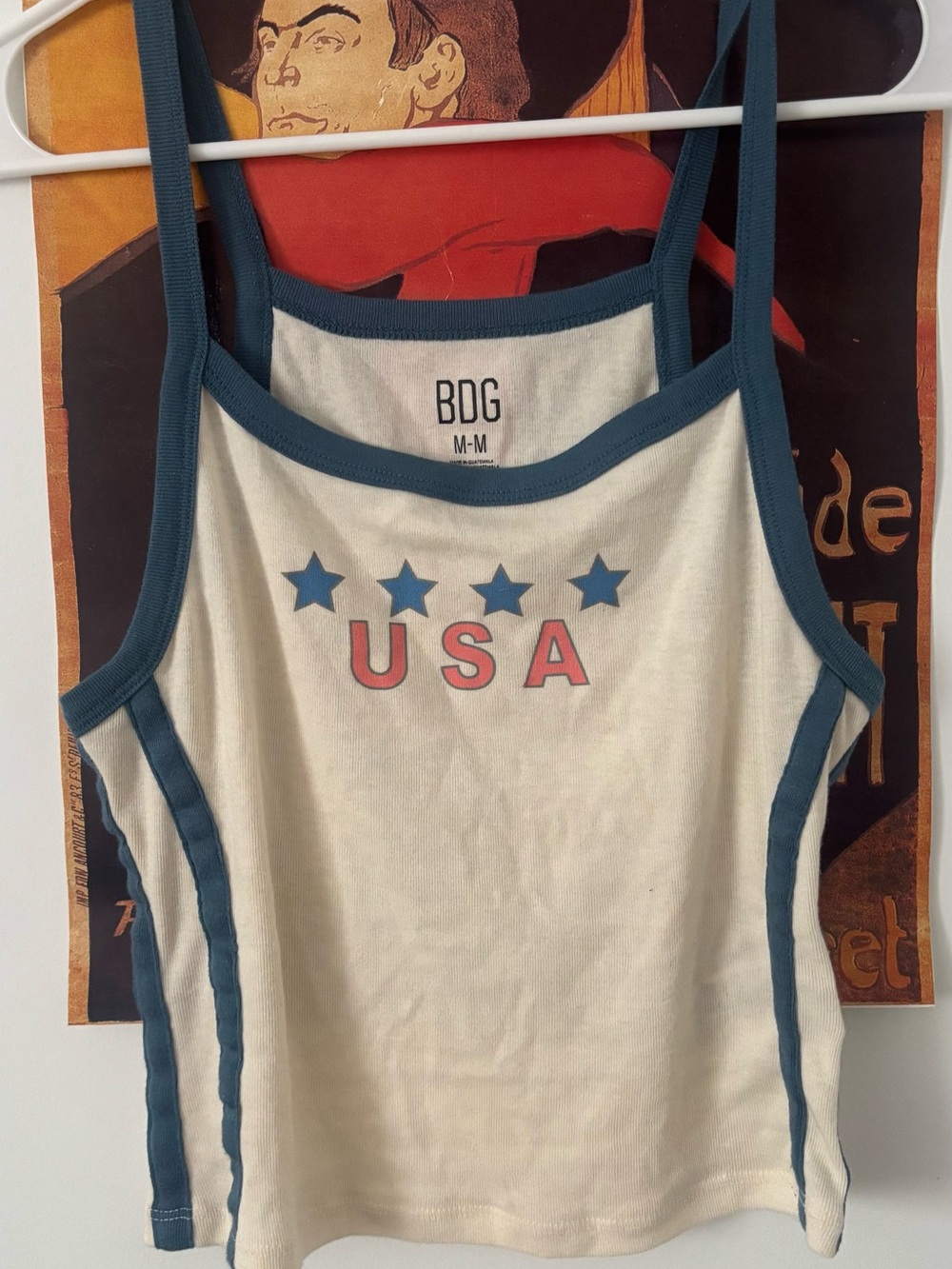 BDG Cream Tank Top with Blue Trim and Red USA Graphic